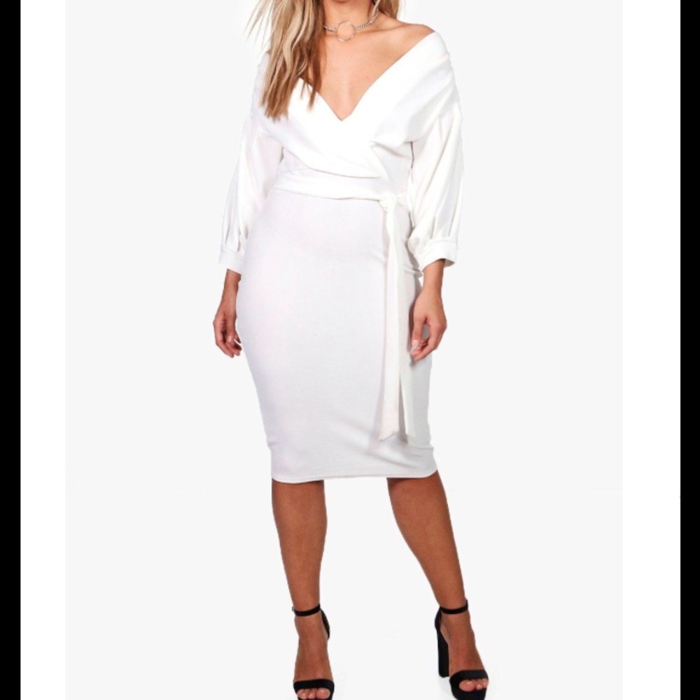 Off the shoulder wrap midi dress